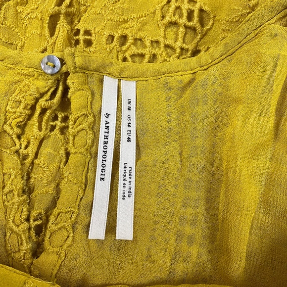 Anthropologie Yellow Lace Ruffle Blouse Women’s 14 Boho Chic Crochet Eyelet Top - Picture 5 of 12